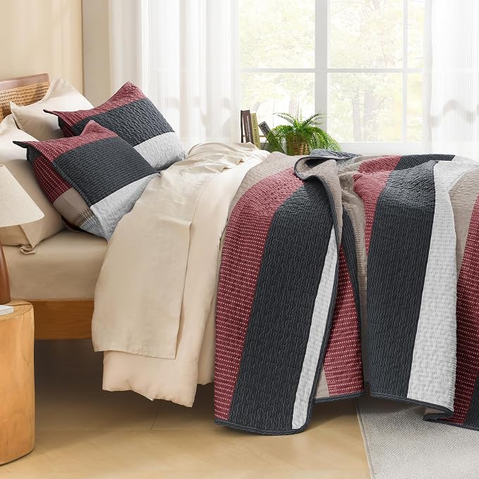 Litanika Quilt Queen Size Black and Red, Stripe Patchwork Summer Bedspread - Image 2