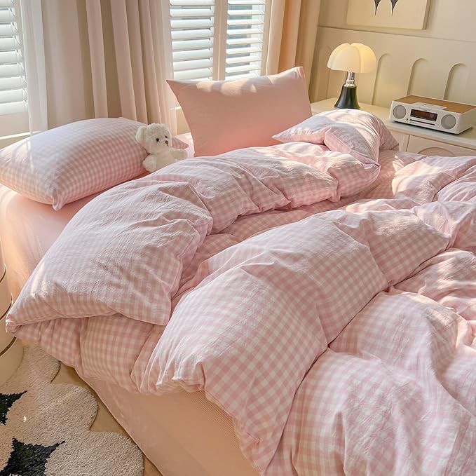 mixinni Light Pink Gingham Duvet Cover Set Queen Size by mixinni