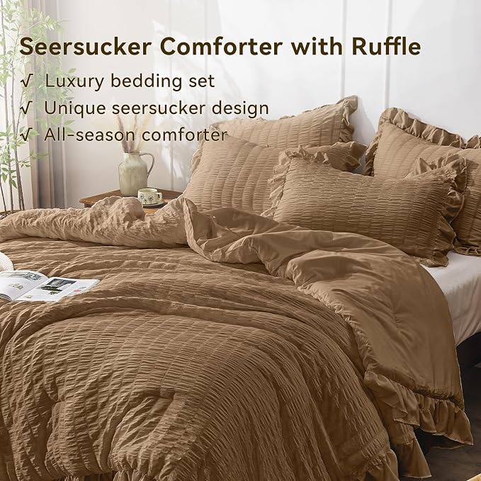 JOLLYVOGUE Twin Size Comforter Set, 2 Pieces Oak Brown Seersucker Lightweight - Image 3