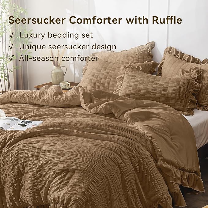 JOLLYVOGUE Queen Comforter Set, 3 Pieces Oak Brown Seersucker Comforters Queen - Image 3