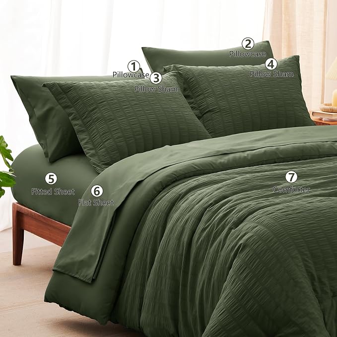 CozyLux Queen Comforter Set Olive Green Seersucker 7 Pieces Bed in a Bag Queen - Image 8