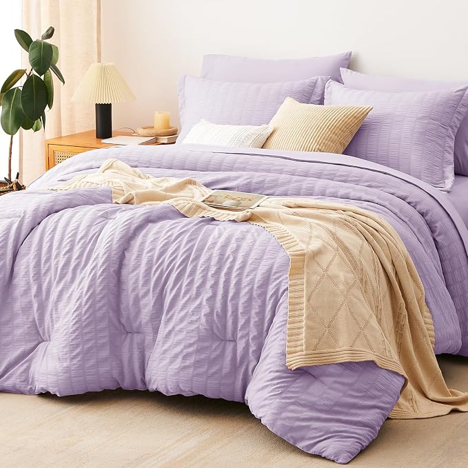 CozyLux Queen Comforter Set Light Purple Seersucker 7 Pieces Bed in a Bag Queen by CozyLux