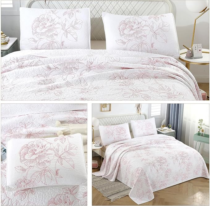 ROOMLIFE Quilt Set King Size 3D Floral Embroidery Pattern 3-Piece Cotton - Image 7