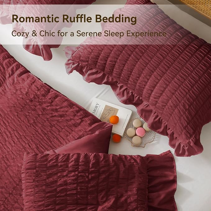 JOLLYVOGUE Queen Comforter Set, 3 Pieces Burgundy Seersucker Comforters Queen - Image 4