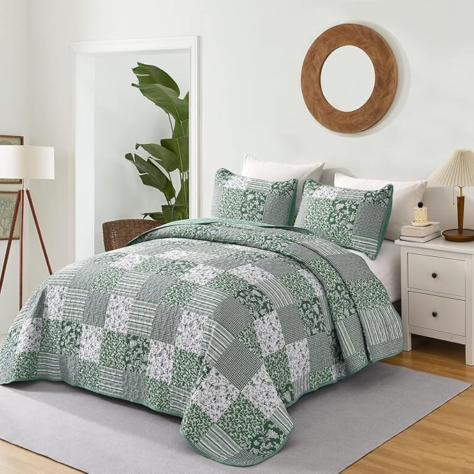 Mybedsoul Green Quilt Set Full Size, 3 Pieces Plaid Floral Bedspread Set - Image 2