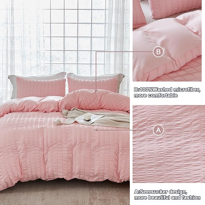 AveLom Blush Pink Seersucker Duvet Cover Set Queen Size, 3 Pieces, Ultra Soft - Image 5