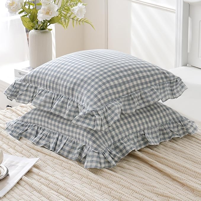 Blue White Plaid Euro Pillow Shams Ruffle Pillowcases Set of 2, Shabby - Image 5