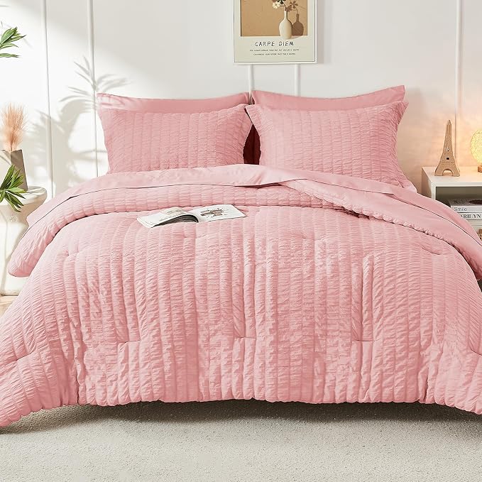 HYMOKEGE Rose Pink Full Size Comforter Sets Seersucker 7 Pieces, All Season - Image 8
