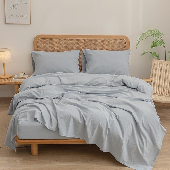 BESTOUCH Flat Sheet Only 100% Washed Cotton Linen Feel Wrinkle-Free, - Image 2