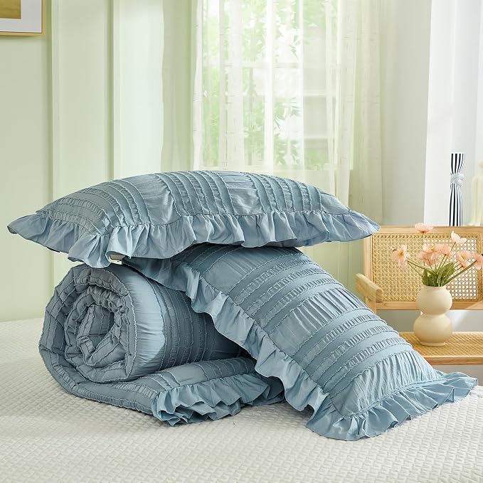 WONGS BEDDING Blue Comforter Set King, 3 Pieces Ruffle Farmhouse Shabby Chic - Image 7