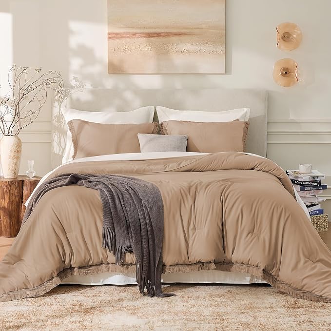 Andency Taupe Comforter Set California King, 3 Pieces Boho Tassel Lightweight - Image 2