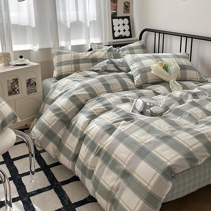 mixinni Green Grid Duvet Cover Set Twin by mixinni