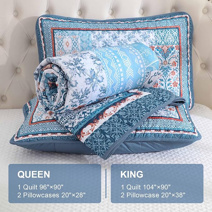 WONGS BEDDING Blue Quilt Set King Size, 3 Pieces Boho Patchwork Bedspread - Image 6
