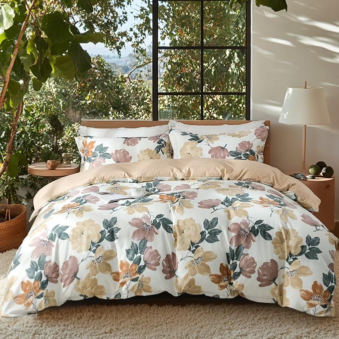 OAITE Duvet Cover Twin Size, Reversible Blooming Flower Orange Duvet Cover Set by OAITE