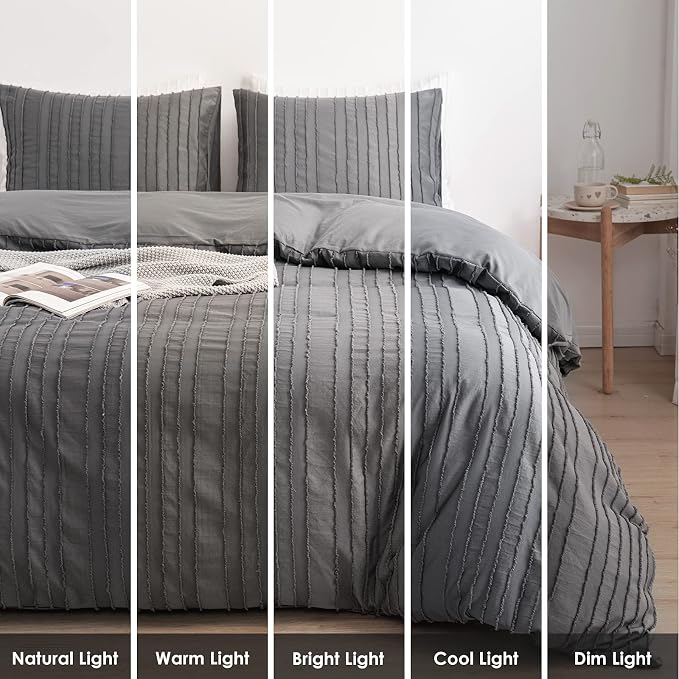 WARMDERN Gray Boho Duvet Cover Set King Size, Striped Textured Duvet Cover - Image 7