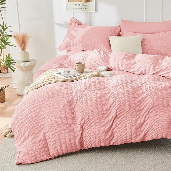 HYMOKEGE Rose Pink California King Comforter Set Seersucker 7 Pieces, All - Image 2