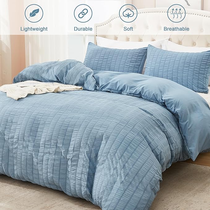 AveLom Grayish Blue Duvet Cover King, 3 Pieces, Seersucker Striped Soft Washed - Image 2