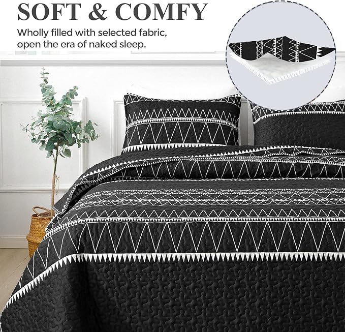 Andency Black Quilts Queen Size, 3 Pieces Queen Quilt Bedding Set Boho - Image 3