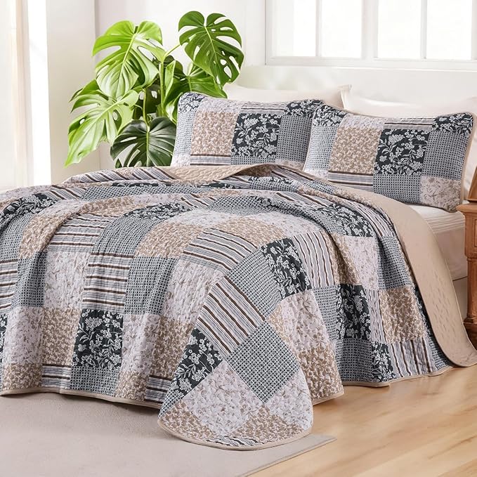 Mybedsoul Patchwork Quilt Set Queen Size, 3 Pieces Blue Brown Floral Plaid - Image 2