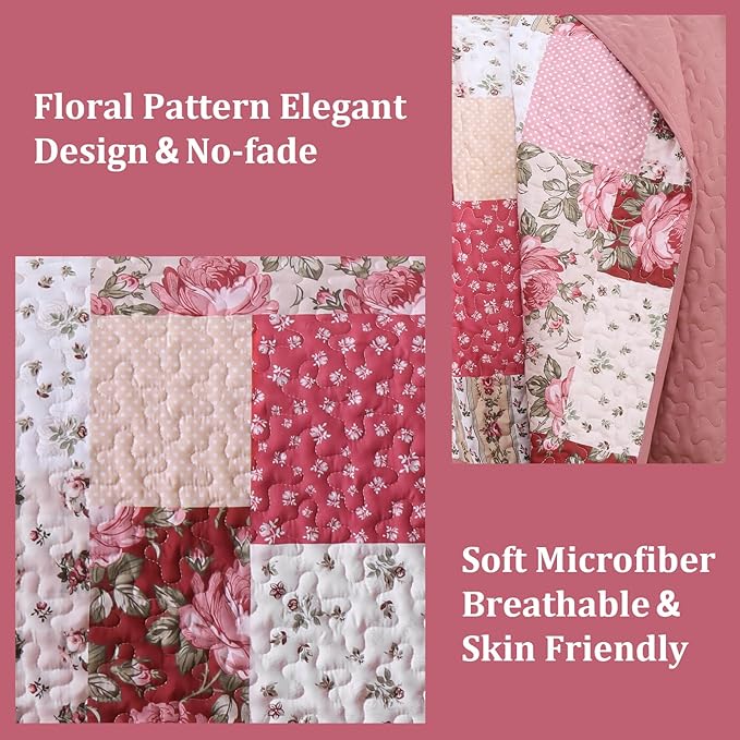 Anibedding 3Pieces Patchwork Quilts Queen Size, Bohemian Red Flower Plaid - Image 3
