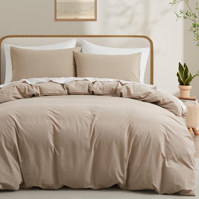 LOVQUE Bedding Duvet Cover Queen Size, 100% Washed Cotton Linen Like Natural by LOVQUE