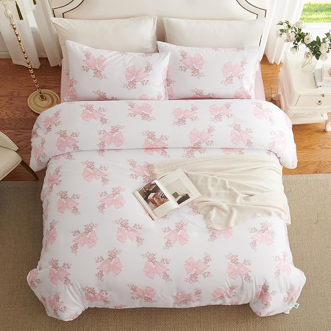 Nayoroom Pink Bow Duvet Cover Queen Size Coquette Pink Floral Duvet Cover 3 - Image 5