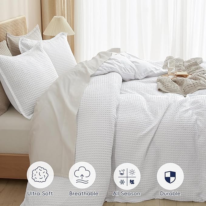 PHF Waffle Weave Duvet Cover Set Queen Size, No Snagging Ultra Soft Luxury - Image 4