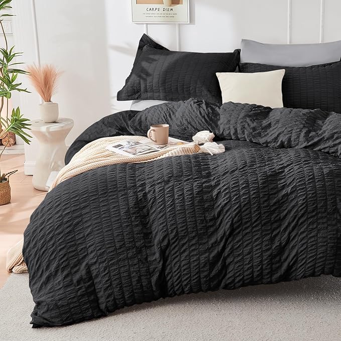 HYMOKEGE Black/Light Grey King Size Comforter Set Seersucker 7 Pieces, All - Image 2
