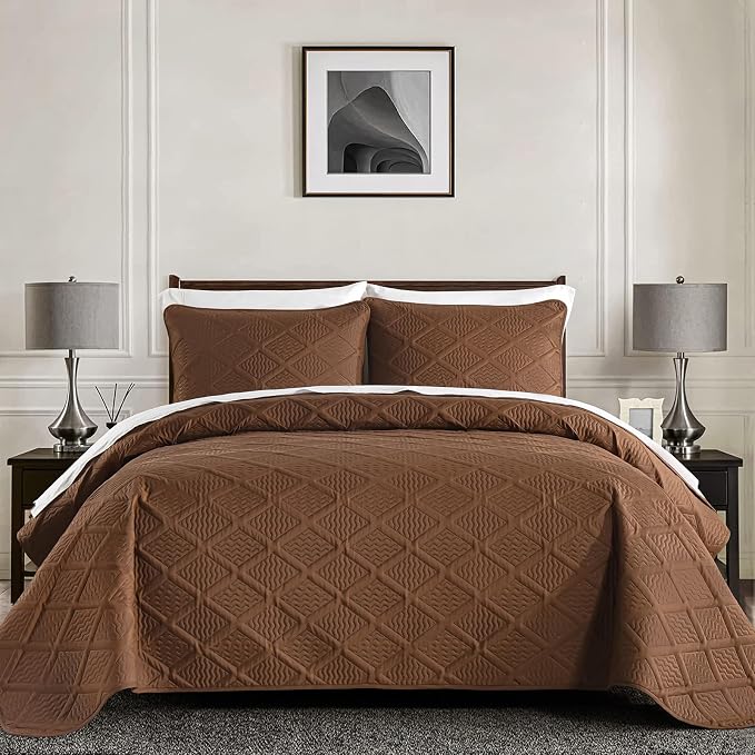 Yiran Brown Quilt Set Queen Size, 3 Piece Reversible Bedspreads Bedding Set - Image 2