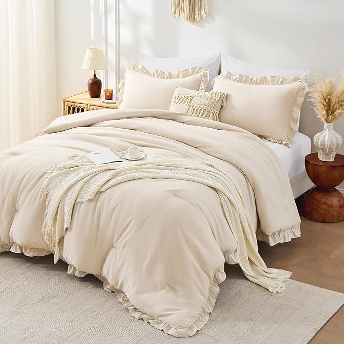 FUANNA Full Size Comforter Sets Beige, 3 Pieces Ruffle Full Size Bedding Sets by FUANNA