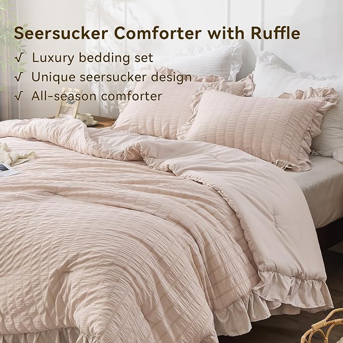 JOLLYVOGUE Beige Queen Comforter Set, 3 Pieces Seersucker Comforters Queen Size - Image 3