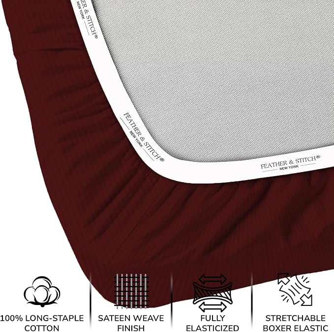 Feather & Stitch 1 Piece Fitted Sheet Twin Size, 100% Cotton Damask Sateen Weave - Image 2