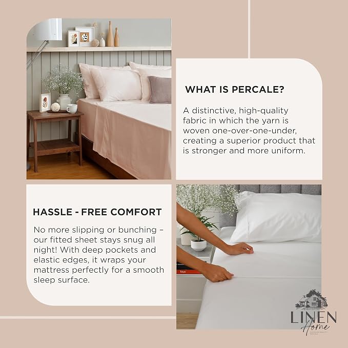 Linen Home 100% Cotton Percale Weave Fitted Sheet, Full Size, Sand Shell - Image 4
