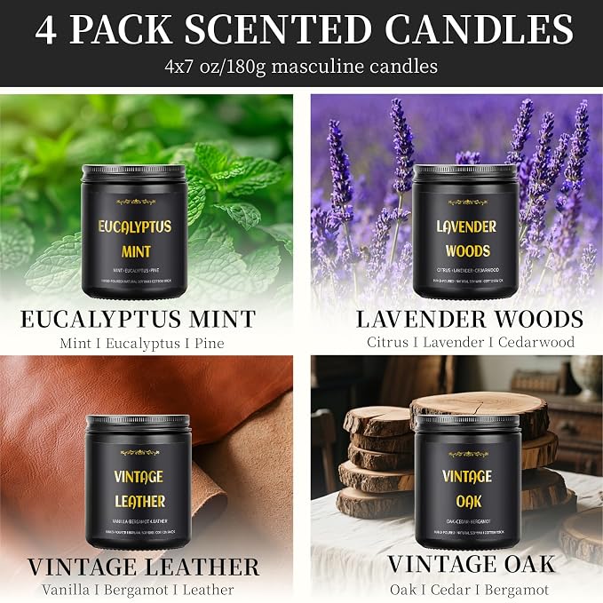 Scented Candles for Men, 4 Pack Mens Candle Set, Soy Candles for Home Scented - Image 3