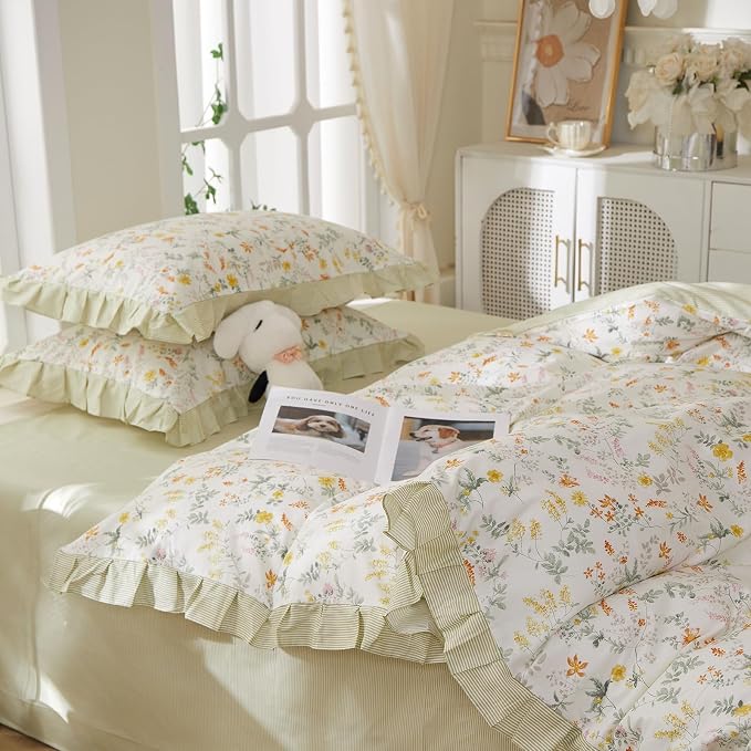 mixinni 100% Cotton Duvet Cover Set King, Reversible Spring Floral Ruffle Green - Image 4