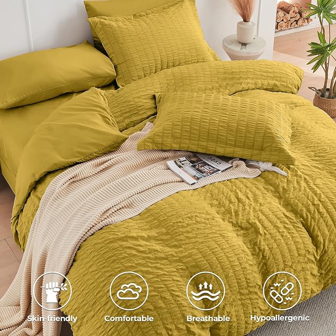 HYMOKEGE Mustard Yellow Full Size Comforter Sets Seersucker 7 Pieces, All - Image 3
