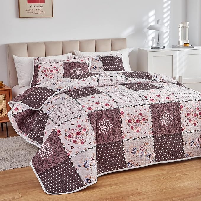 Patchwork Quilt Set King Size, 3 Pieces Brown Floral Plaid Summer Bedspread - Image 2