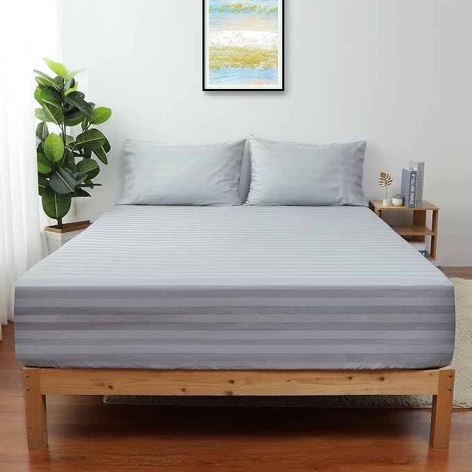 California King Size Striped Fitted Sheet Only Gray Color, 100% Egyptian Cotton by ShunjieHome