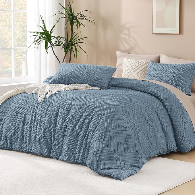 Andency Grayish Blue Comforter Set King Size, 3 Pieces Boho Bedding Set & by Andency