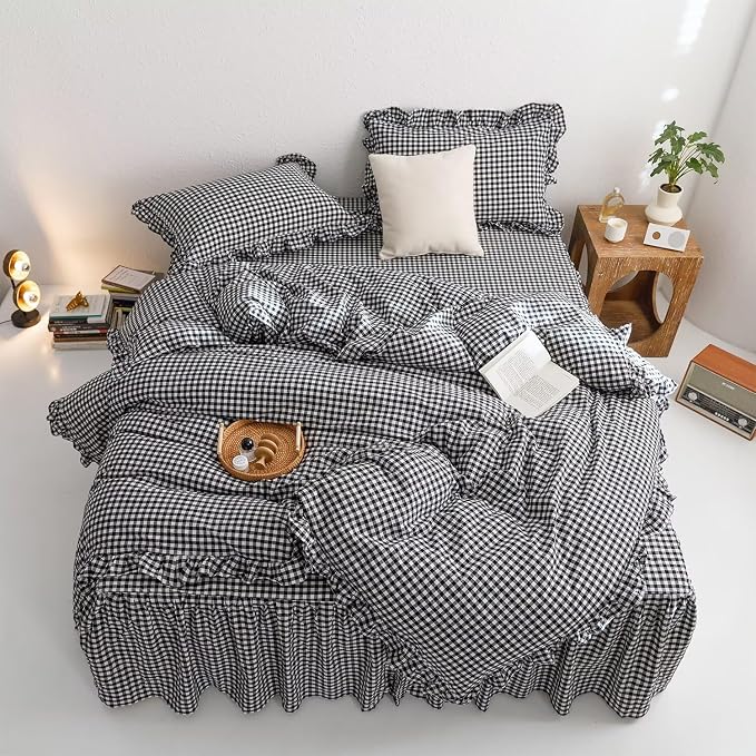 mixinni Black White Gingham Ruffle Duvet Cover Queen Size 3 Pieces – 100% - Image 2