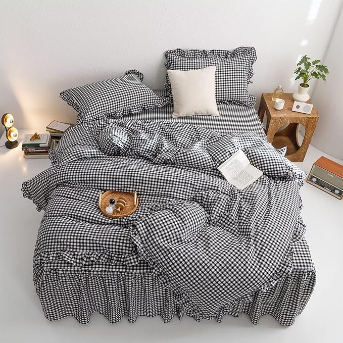 mixinni Black White Gingham Ruffle Duvet Cover Twin Size 3 Pieces – 100% Washed - Image 2