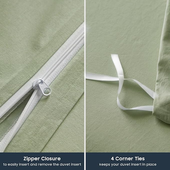 Wake In Cloud - Cotton Duvet Cover Set, Twin Size, Sage Green, 100% Washed - Image 7