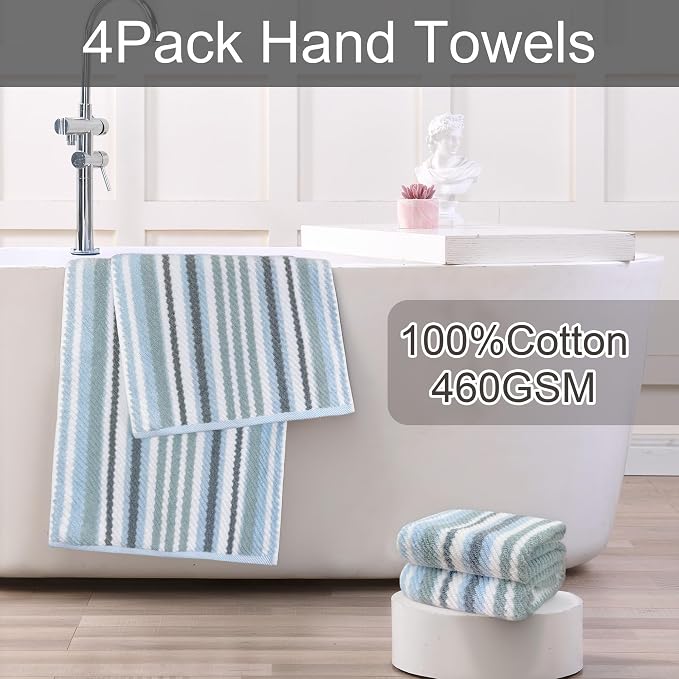100% Cotton Blue Striped Hand Towels Set of 4, 16x27 Inches, Quick Dry & Highly - Image 4