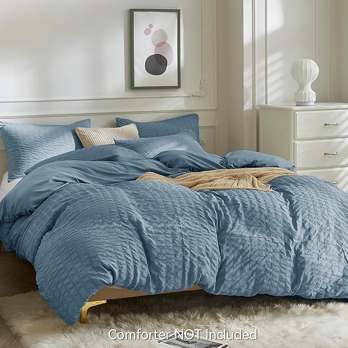 JELLYMONI Sierra Blue Duvet Cover Queen Size, Soft Breathable Seersucker Duvet - Image 3