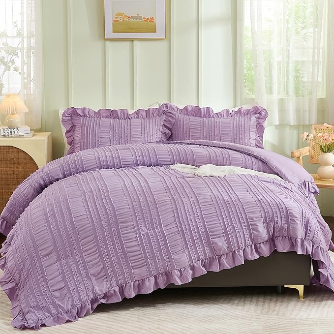 WONGS BEDDING Purple Comforter Set Queen, 3 Pieces Ruffle Farmhouse Shabby Chic by WONGSBEDDING