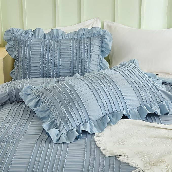 WONGS BEDDING Blue Comforter Set King, 3 Pieces Ruffle Farmhouse Shabby Chic - Image 5