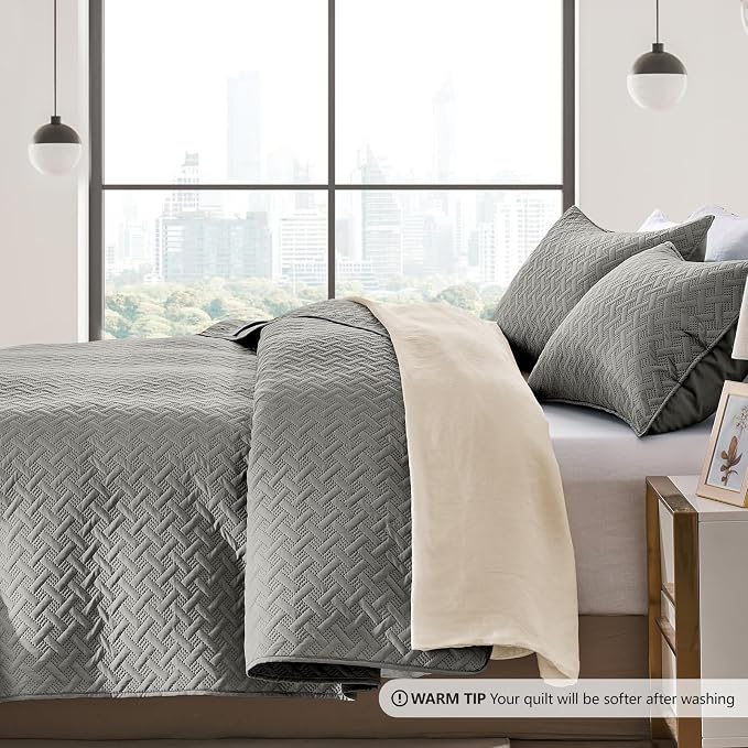 FLYMME Dark Grey Twin Quilt Bedding Set Thin Lightweight Bedspreads, Modern - Image 4