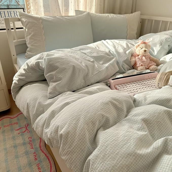 MKXI Blue Gingham Duvet Cover Set Queen Size - Image 5