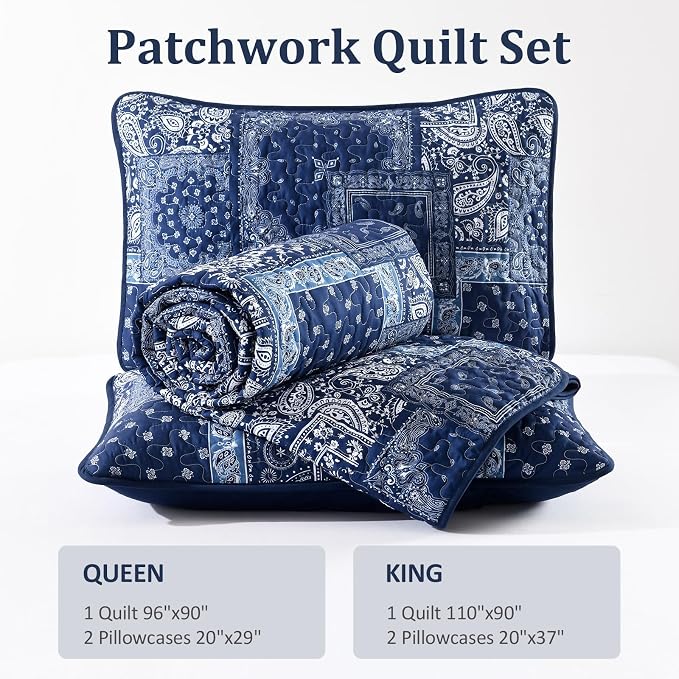 Cottolester Blue Patchwork Quilt Set King Size, Boho Navy Blue Quilt Set - Image 8