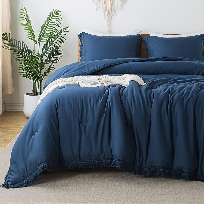 Andency Navy Blue Comforter Set California King, 3 Pieces Boho Tassel by Andency
